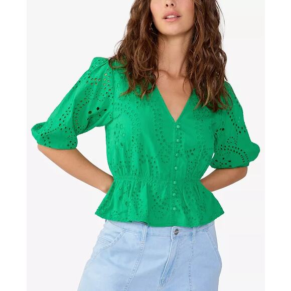 Sanctuary Green Women's Cotton Embroidered Peplum-Hem Top - S - Picture 1 of 8